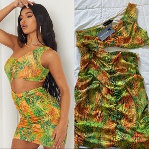 Multi Snake Print Ribbed One Shoulder Ruched Cut Out Bodycon Dress